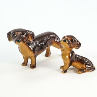 Vintage Hagen Renaker Miniature Figurine Set Brown Dachshund Dog & Puppy