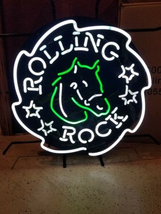 (l@@k) Rolling Rock Beer Neon Light Up Horse Head Sign Game Man Cave Bar Mib Pa