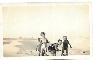 Vintage Photo 1940s Children Playing In Water Swim Suits Summer Fun 1329