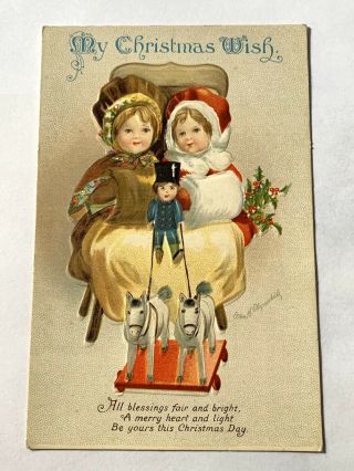 Vintage Ellen Clapsaddle Christmas Postcard - Children In Toy Horse Sleigh