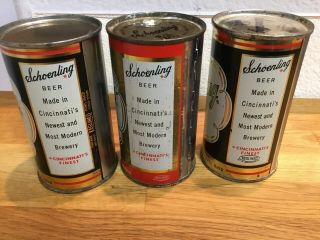 3 different Schoenling empty flat top beer cans by Schoenling,  Cincy,  OH 3