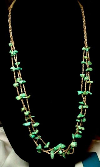 Vintage Navajo Necklace Turquoise Nugget Shell Heishi 3 Strand 28 "