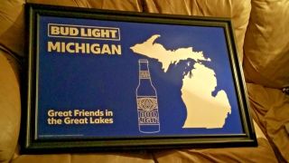 Bud Light Michigan Great Friends In The Great Lakes Bar Mirror.  Local Pick - Up