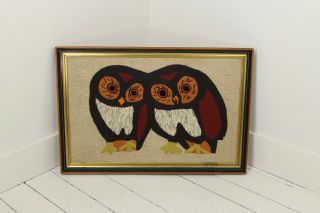1970s Large Long Framed Owls Crewel Mid Century Burnt Orange Rust Beige Vintage 2