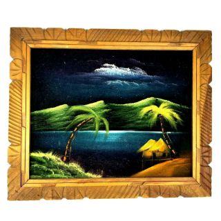 Vintage Mid Century Mexico Tiki Cut Frame Night Ocean Palm Trees Hut 24 X 20