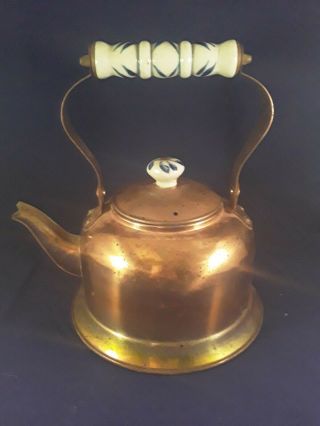 Copper Tea Kettle With Blue And White Porcelain Handle And Knob