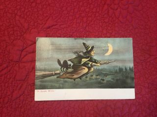 Ye Salem Witch Flying With Black Cat On Broom 1916