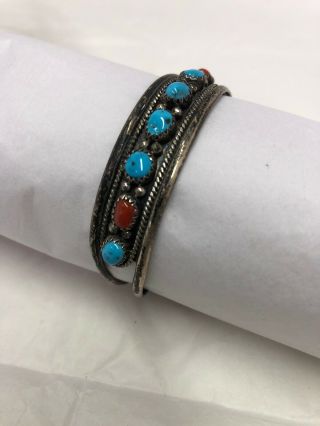 Vintage Sterling Turquoise Coral Cuff Bracelet Native Navajo Southwestern