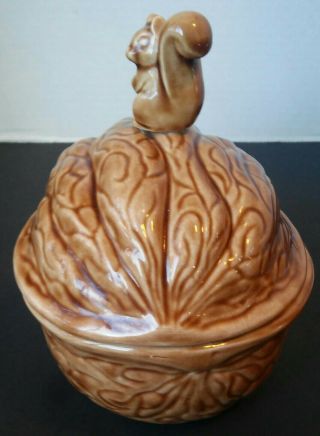Vintage Walnut Ceramic with squirrel Nut Candy Bowl Canister Dish Cookie Jar 2