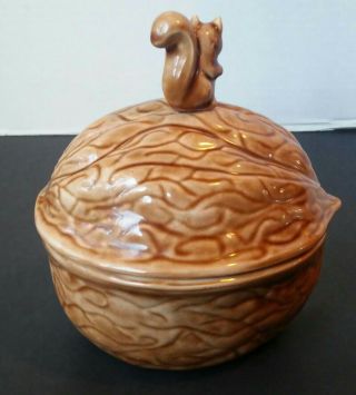 Vintage Walnut Ceramic with squirrel Nut Candy Bowl Canister Dish Cookie Jar 3