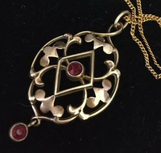 Vintage Jewellery Victorian Pinchbeck And Ruby Red Glass Pendant With Chain