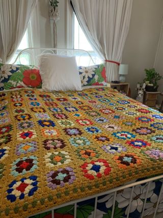 Handmade Vintage Crochet Granny Square Brown Neon Afghan Knit Blanket 70” X 80”