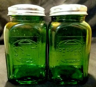Emerald Green Glass Square Shaped Large Range Size Salt & Pepper Shakers 4 " H