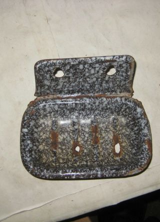 93f - 1 Vintage Graniteware Black & White Splatter Hanging Soap Dish