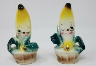 Anthropomorphic Banana Figural Ceramic Salt Pepper Spice Shakers Japan