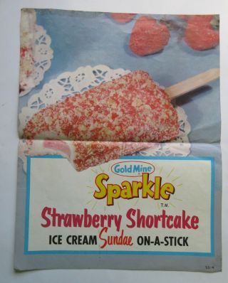 Gold Mine Sparkle Strawberry Shortcake Ice Cream Sign Vintage Advertising 1960 