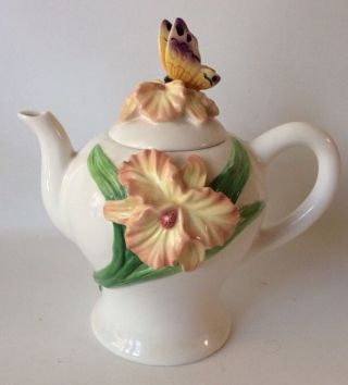 Butterfly And Orchid Tall Teapot Ceramic White 10 "