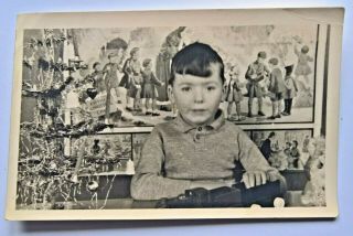 Vintage 5 " X 3 " Photo Of A Boy With Toy Train Beside Artificial Christmas Tree.
