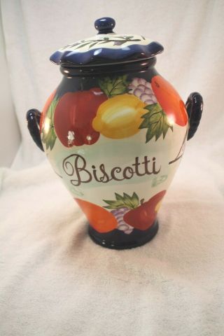 Hand Painted For Nonni`s Navy Blue Fruit Biscotti Jar W/ Rubber Seal Lid