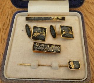Vintage Jewellery Signed Japanese Damascene Gold Silver Inlay Cufflinks Set Box