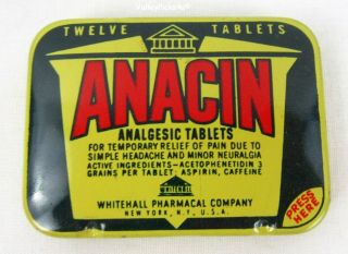 Vintage Old Pharmacy Metal Anacin Medicine Pill Box Tin With Papers