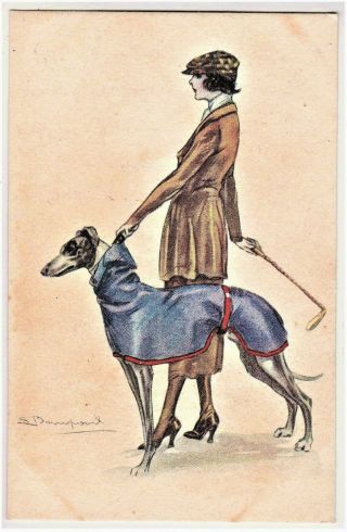 Elegant Lady W Racing Greyhound Dog 1920s Vintage Art Deco Pc Sign Bompard
