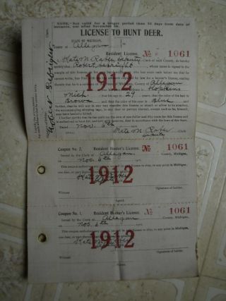 1912 Deer Hunting License,  Allegan,  Mi With Both Tags,  Cloth Material