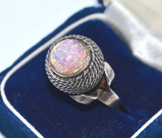 Vintage Mexican SOLID SILVER & Dragons Breath Glass Opal Taxco STATEMENT RING 3