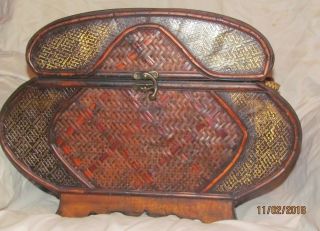 Vintage Asian Inspired Wicker Basket W Hinged Lid,  Brass Hardware & Side Handles