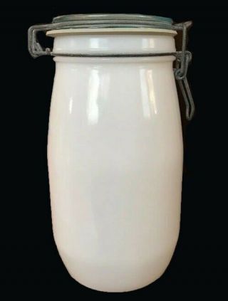 White Milk Glass Canister/storage Jar Clamp Lock Top Lid 1.  5l 9 1/4 " Wheaton