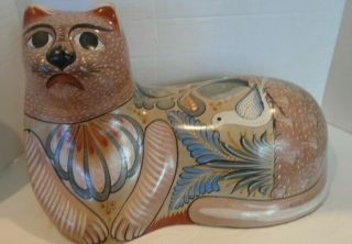 Large Vintage Mexican Tonala Hand Painted Folk Art Pottery Cat 12 " X14 " X18 " Dove