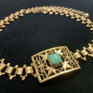 Vtg Victorian Revival Green Glass Bookchain Choker Collar Pendant Necklace 12”