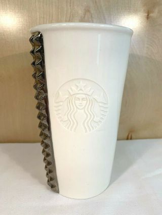 Starbucks 2014 White Metallic Silver 10 Oz Ceramic Tumbler Mug No Lid