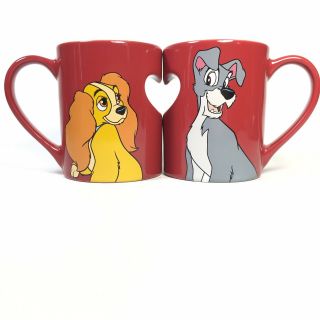 Disney Parks Lady And The Tramp Red Ceramic Heart Coffee Mugs Set Of 2 Cups