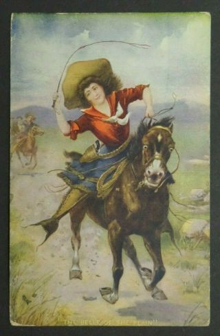 The Belle Of The Plain Cowgirl On Horse Divided Back Postcard 5268