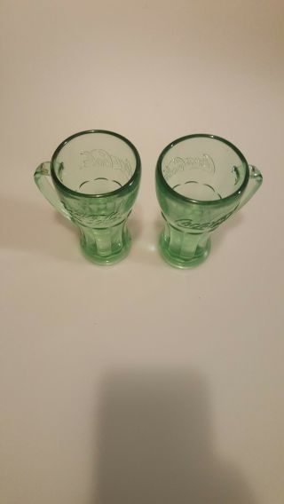 Two Vintage Libbey Coca - Cola Heavy Green Glass Mugs With Handle Coke 14 Oz.
