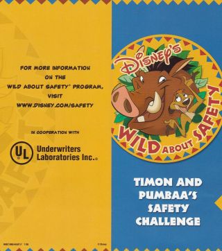 Walt Disney ' s Timon and Pumbaa ' s Safety Challenge Pamphlet Paper Only READ 3