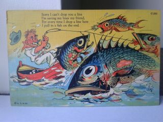 Linen Postcard Ray Walters Fishermen Comics,  Sorry I Can 