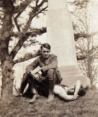 Young Soldier Sitting On A Girl In A Cemetery - Vintage 1910s Snapshot Photo