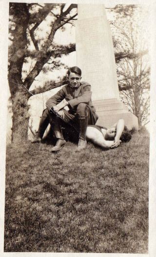 Young Soldier Sitting on a Girl in a Cemetery - Vintage 1910s Snapshot Photo 3