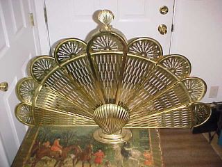 Vintage Shell Peacock Unfolded Folding Brass Fireplace Screen