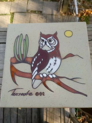 Cleo Teissedre Owl Art Tile Ceramic Coaster,  Trivet Wall Decor Hand Paint