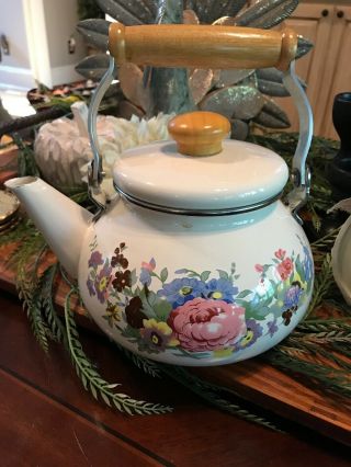 Vintage Enamel Teapot With Lid Wood Handles Floral Print Tea Kettle Enamelware