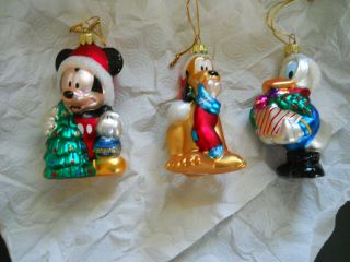 Disney Christmas Ornaments - Mickey Mouse Pluto & Donald Duck - Blown Glass