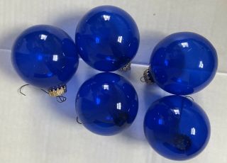 5 Glass Cobalt Blue Christmas Ball Ornaments Gold Tone Tops