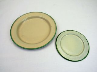 2 Vintage Enamelware Plates Cream And Green 5.  5 " 8.  5 "