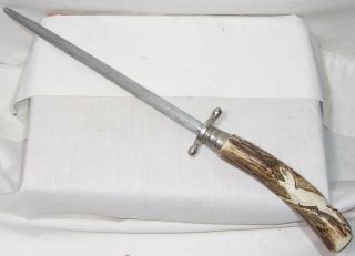 Vintage Steel Knife Sharpening Tool With Carved Stag Handle - Solingen Germany