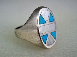 Vintage Zuni Sterling Silver Turquoise & Mother - Of - Pearl Inlay Ring Sz 6.  75