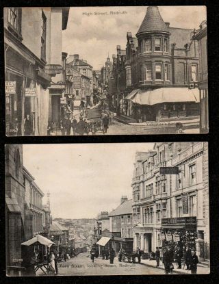 2 X 1904 Redruth Postcards Cornwall Looking Down Fore Street & High Street