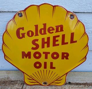 Vintage Golden Shell Motor Oil Porcelain Gas Pump Sign,  Great Colors Yellow Red